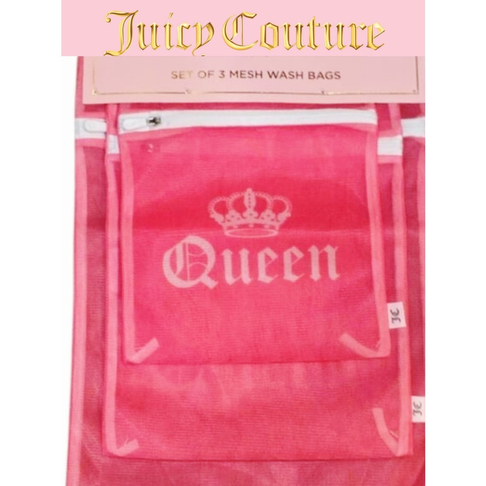 Juicy Couture Home Set Of 3 Queen Crown Logo Pink Mesh Wash Bags